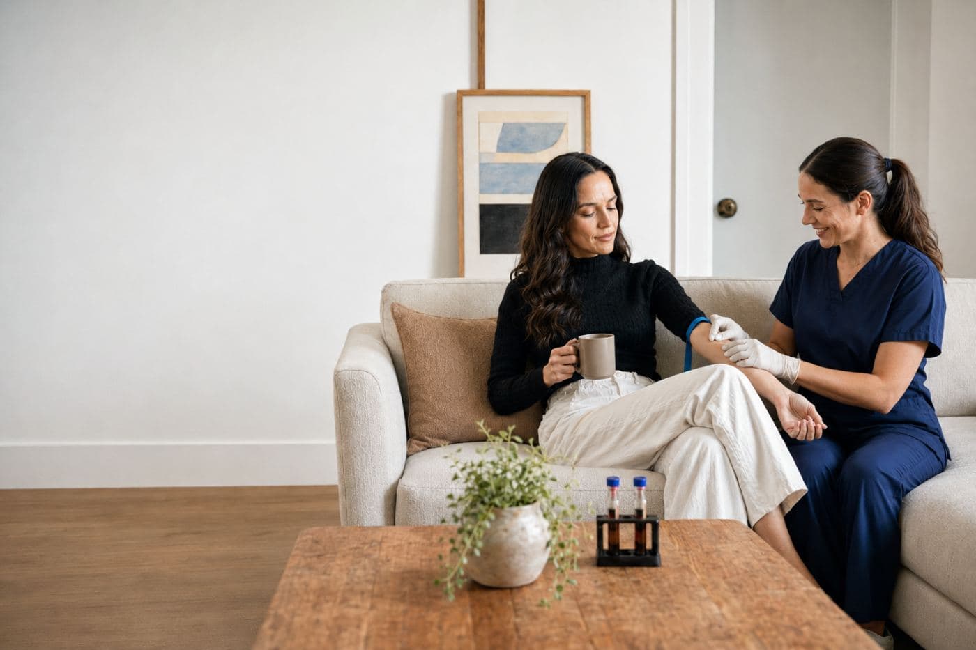 A woman on her sofa with a mug while a clinician in scrubs takes a blood sample