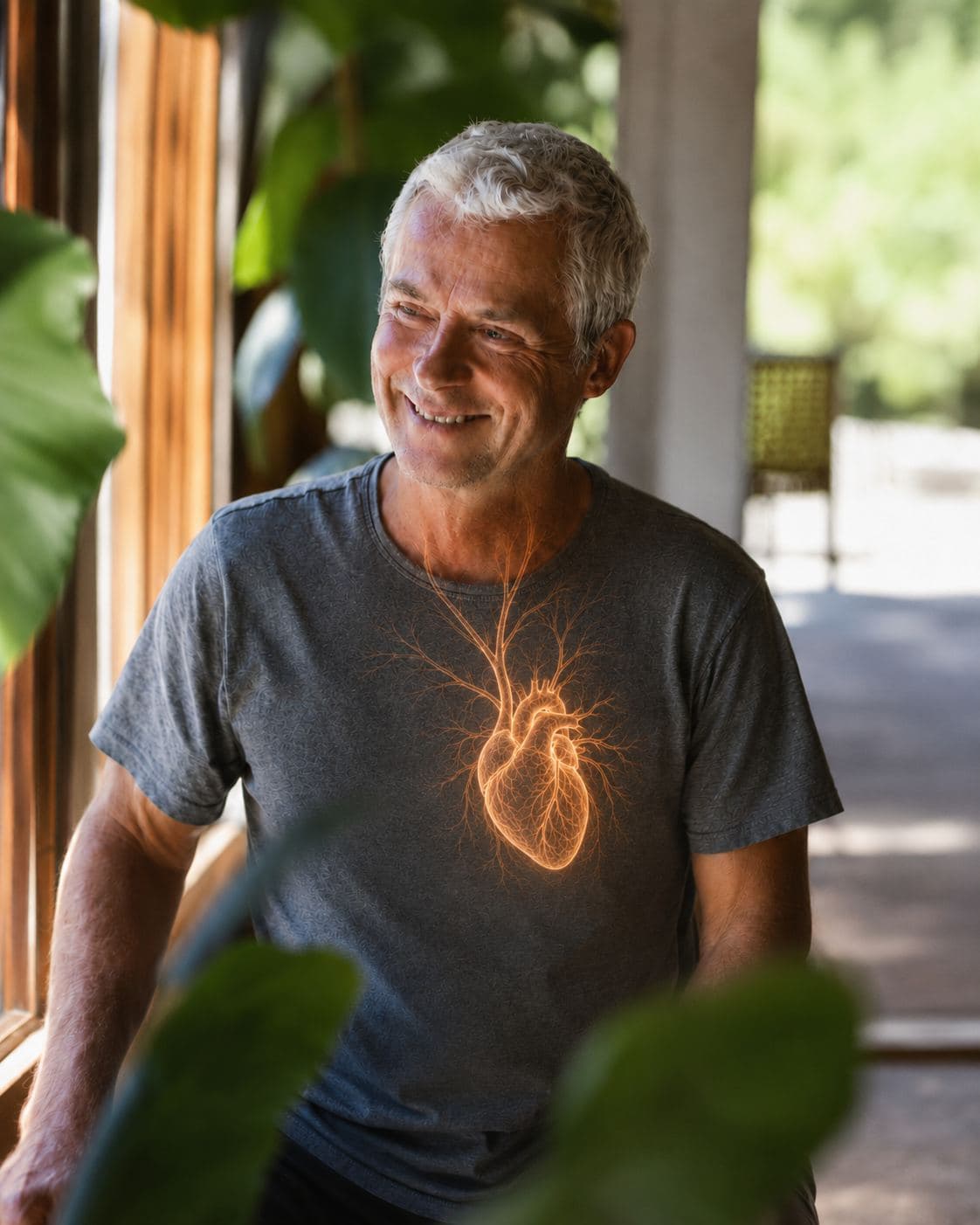 A smiling grey-haired man in a T-shirt printed with a glowing heart