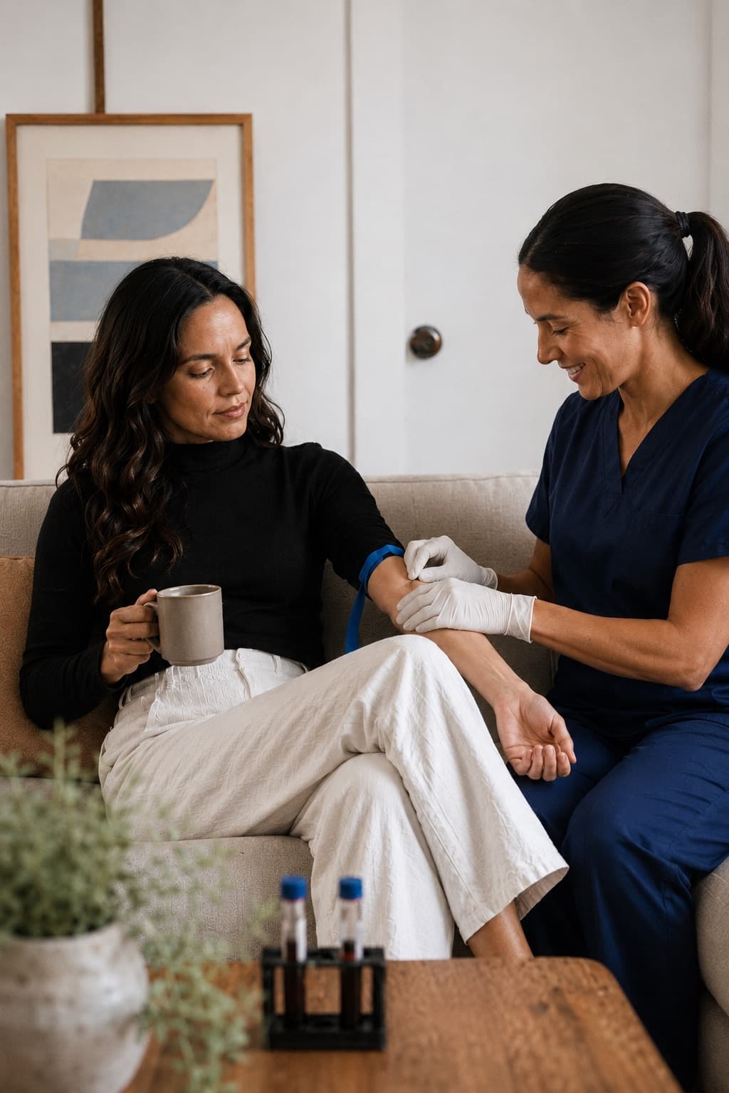 A healthcare professional performing an at-home blood draw in Vancouver while the client relaxes with a cup of coffee