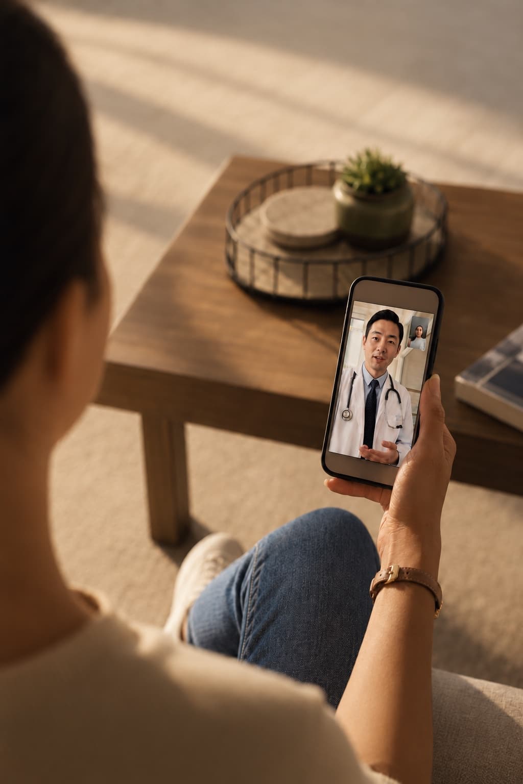 A person on a video call with a physician on their phone at home