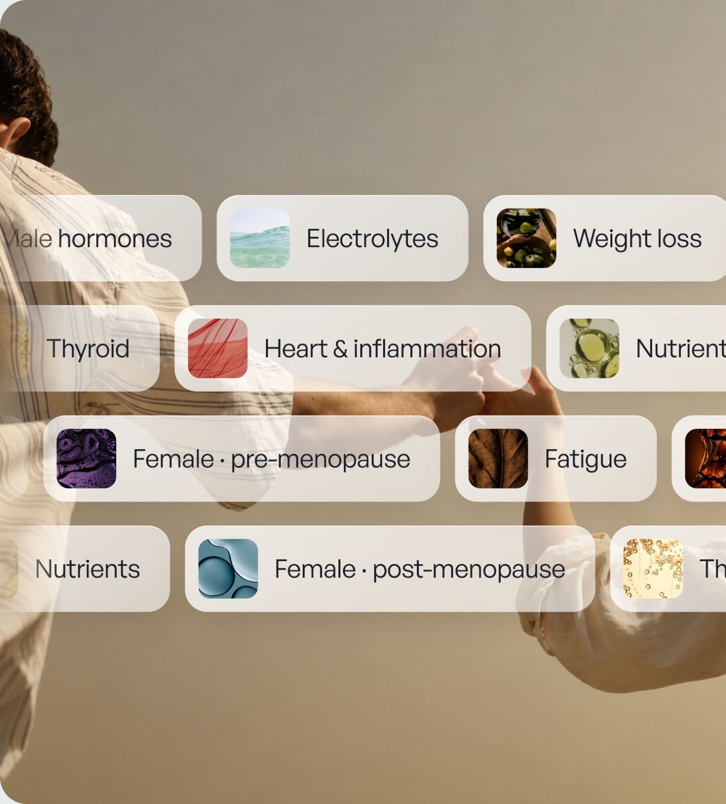 Panel options as pills, including Male hormones, Electrolytes, Weight loss, Thyroid, Heart and inflammation, Nutrients, Female pre- and post-menopause and Fatigue