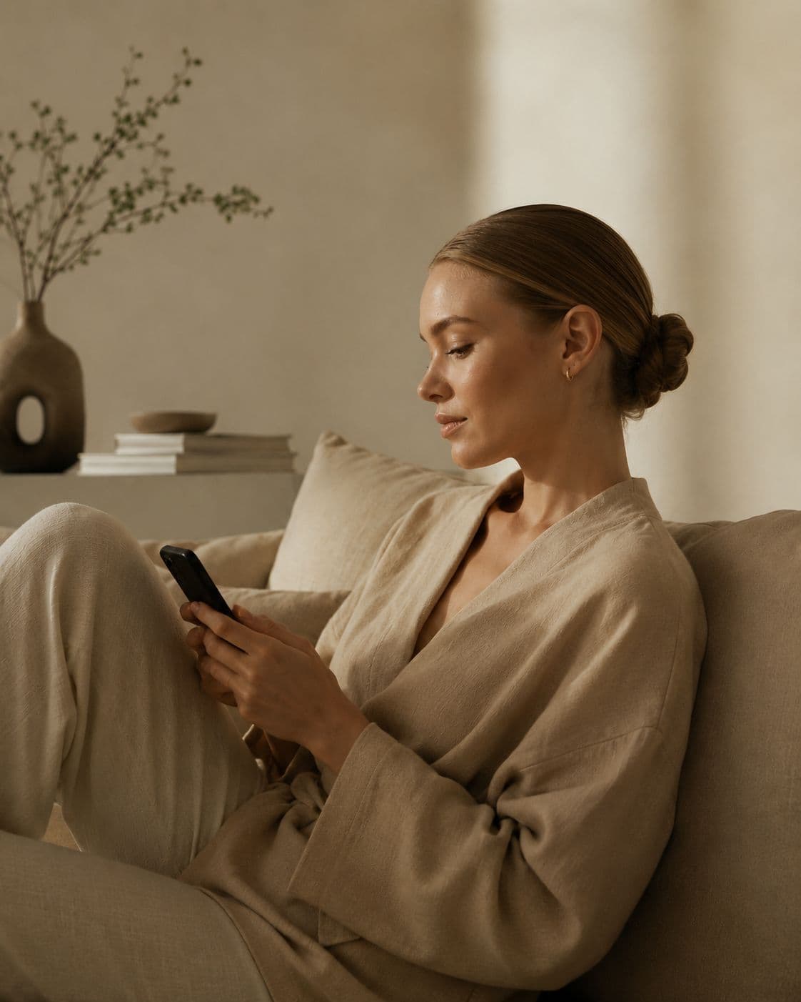 A woman at home in soft daylight