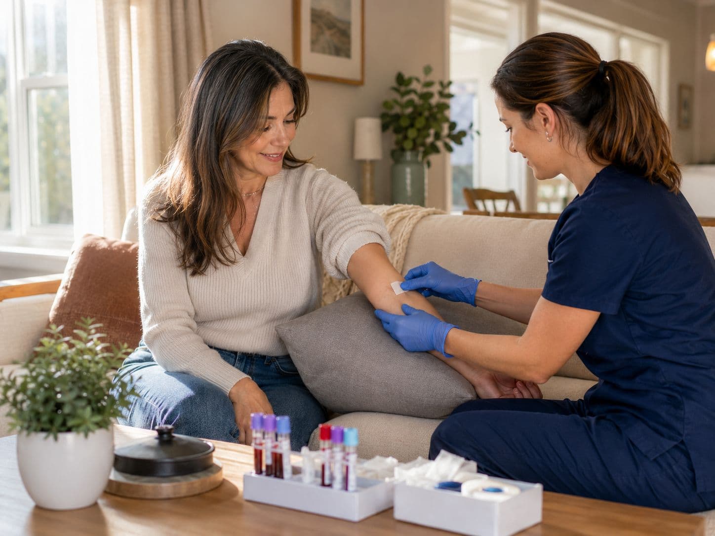 A clinician performing an at-home blood draw