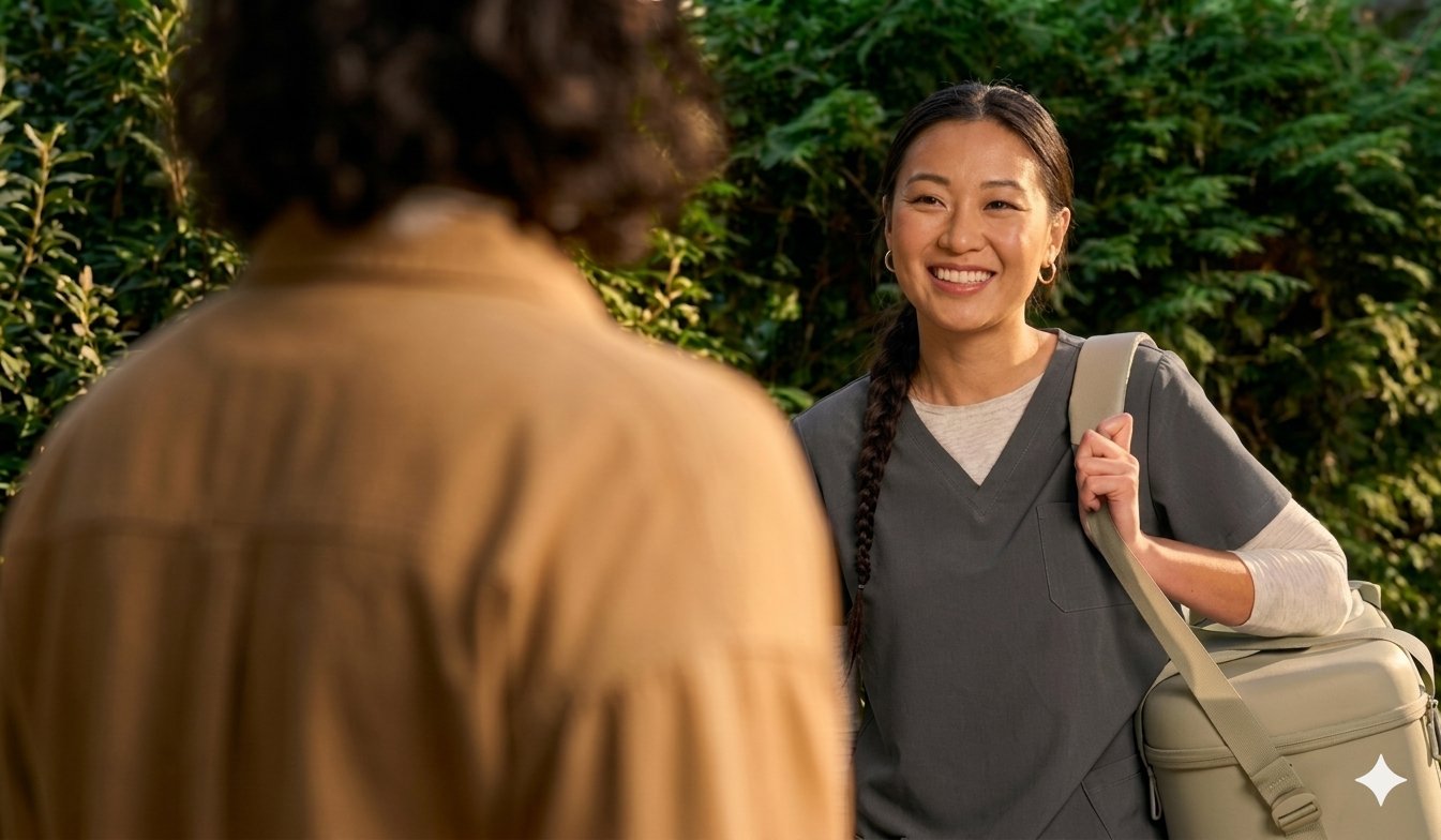 Certified phlebotomist greeting a patient at their home