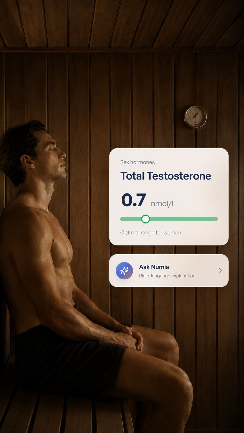 A man sitting in a sauna, with a total testosterone result card from the Numia app overlaid