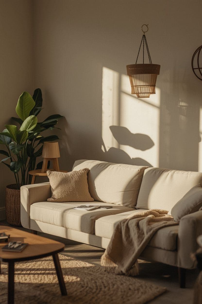A quiet sunlit living room with a throw blanket over an empty sofa