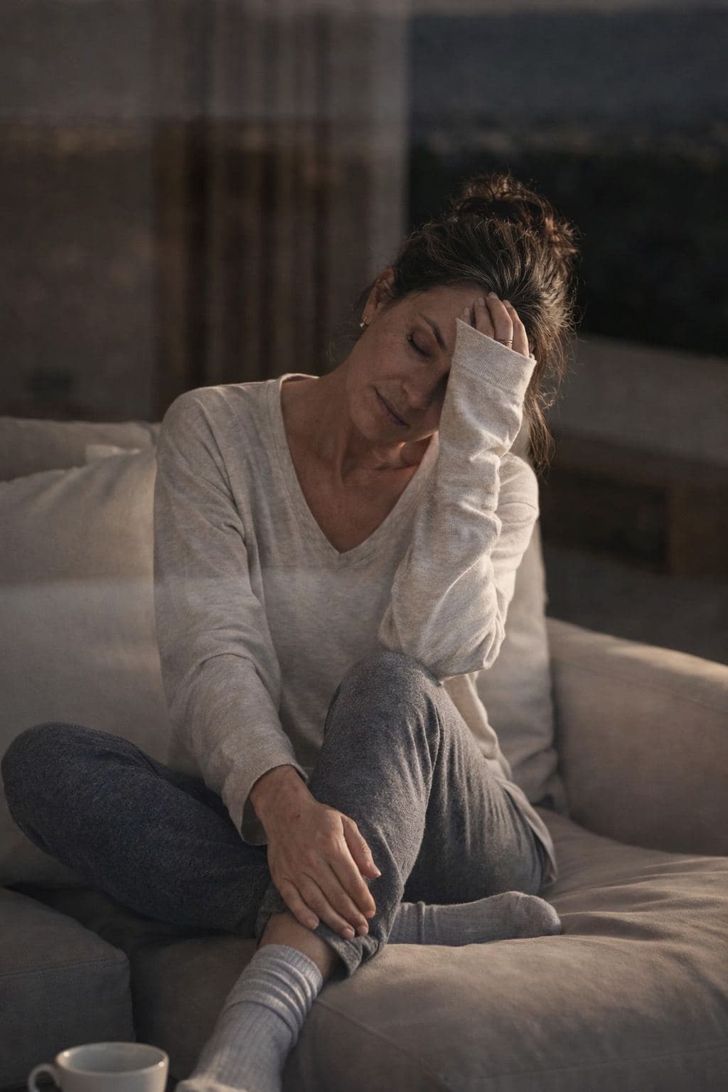 A woman sitting on a sofa at dusk with her hand to her forehead