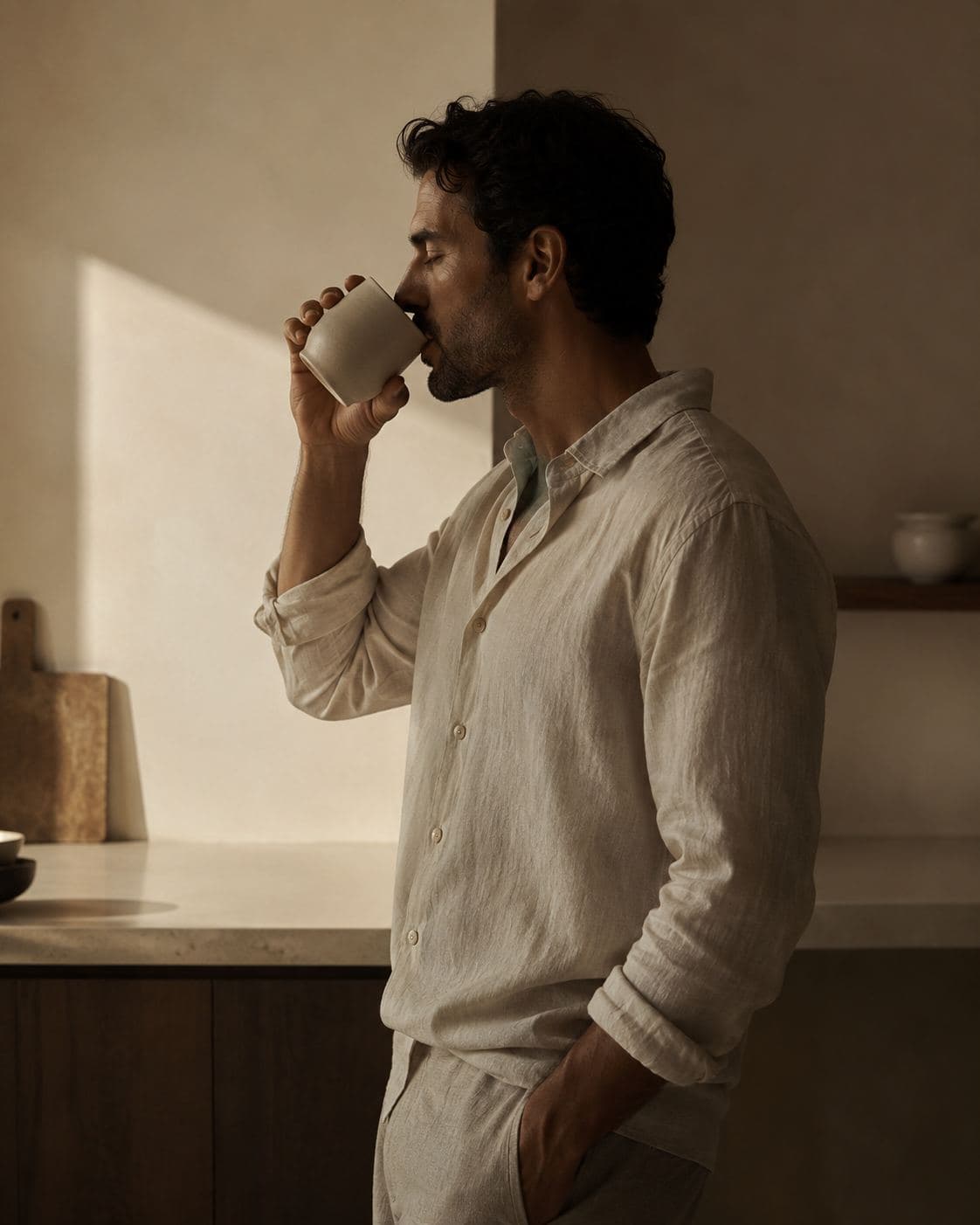 A man in a linen shirt drinking from a mug in a quiet kitchen