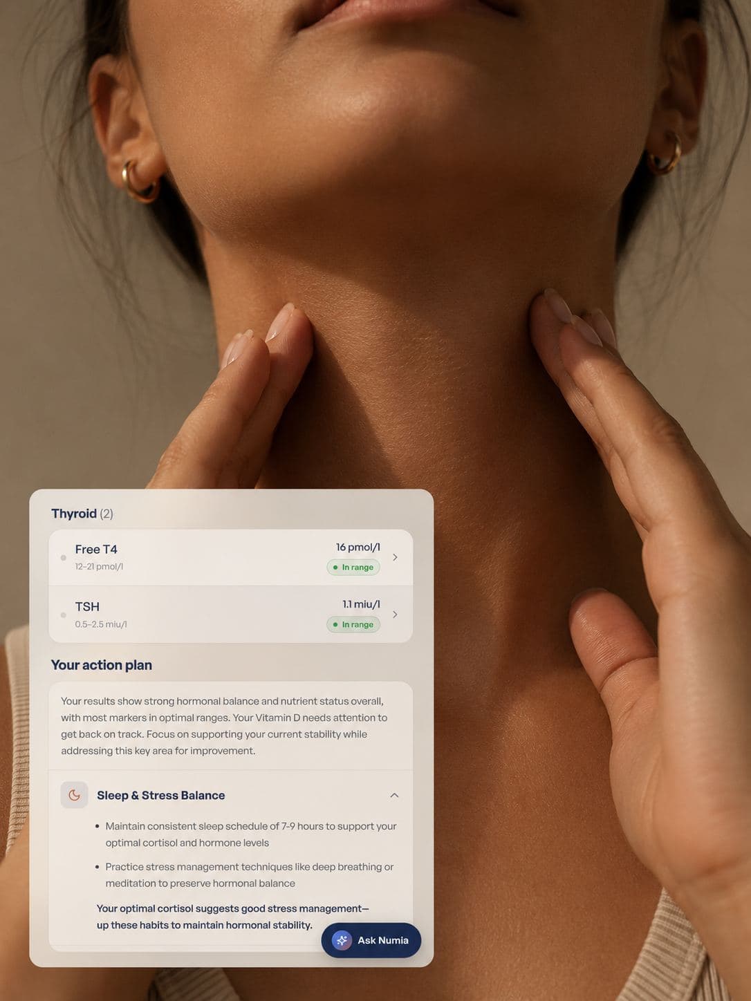 A woman's hands resting on her neck, with a thyroid result card from the Numia app overlaid