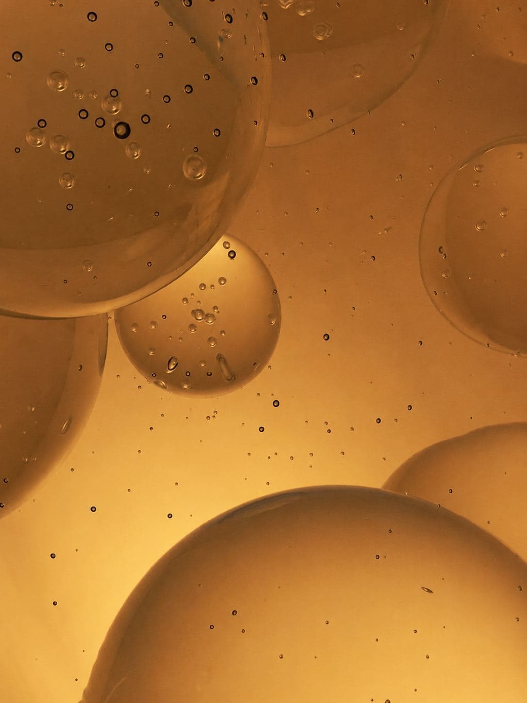 A close-up of golden oil droplets against an amber background