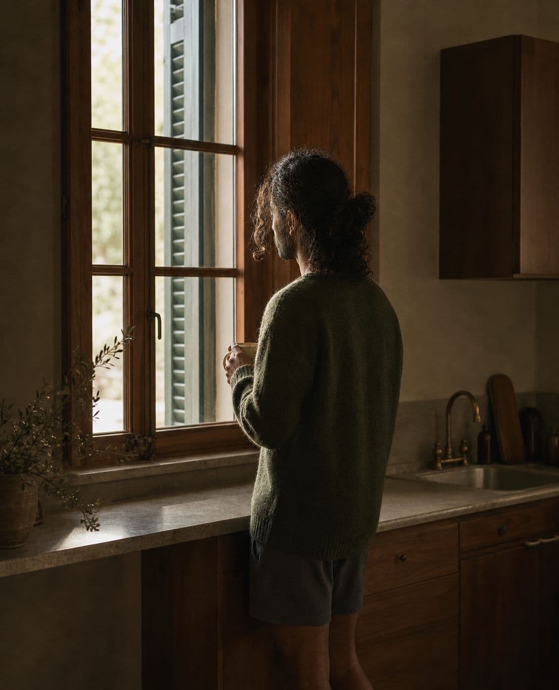 A man with a coffee looking out a kitchen window in morning light