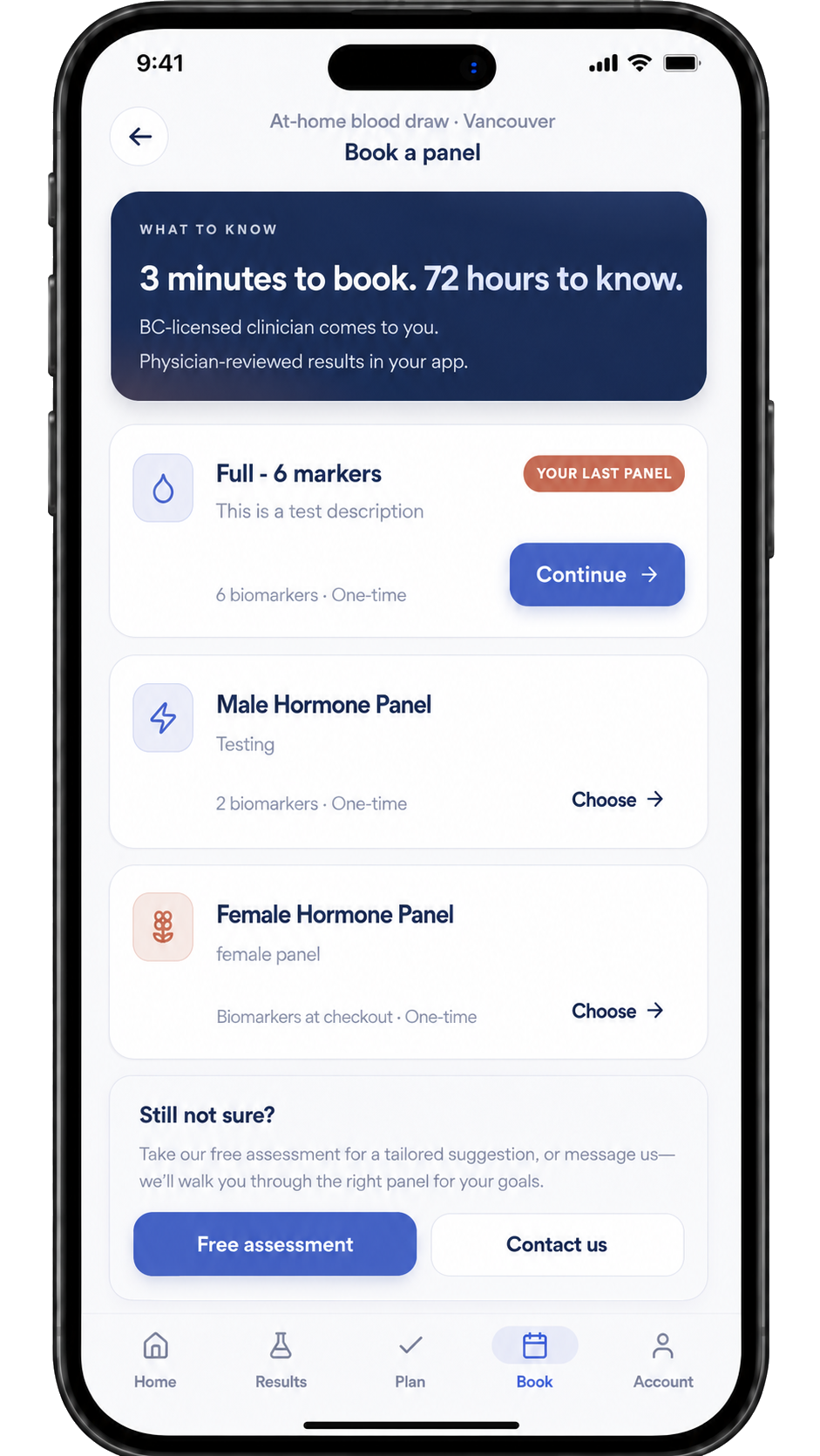 Re-book in a few taps — panel selection and booking screen