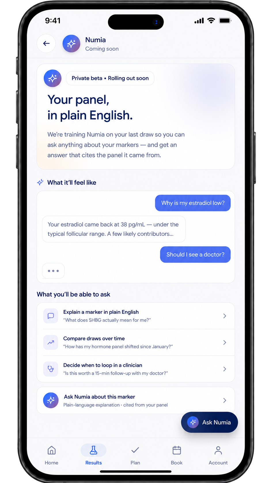Ask Numia anything — companion chat about your panel